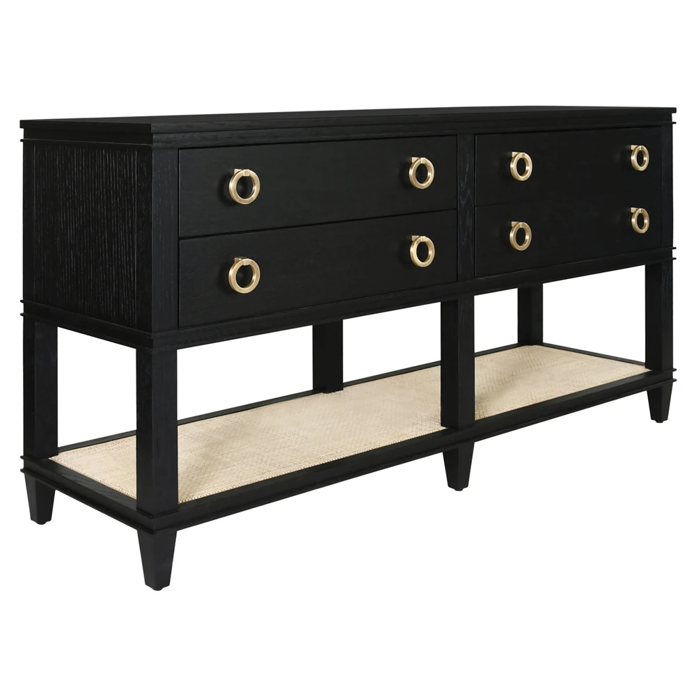 Close-up of the dresser drawers showing black wood grain and gold ring pull handles.