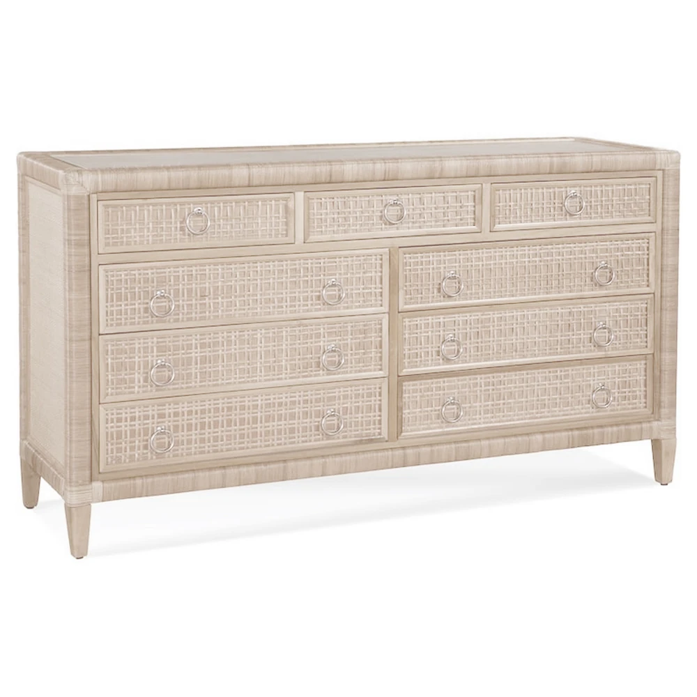 A beige dresser with a woven pattern and silver handles.