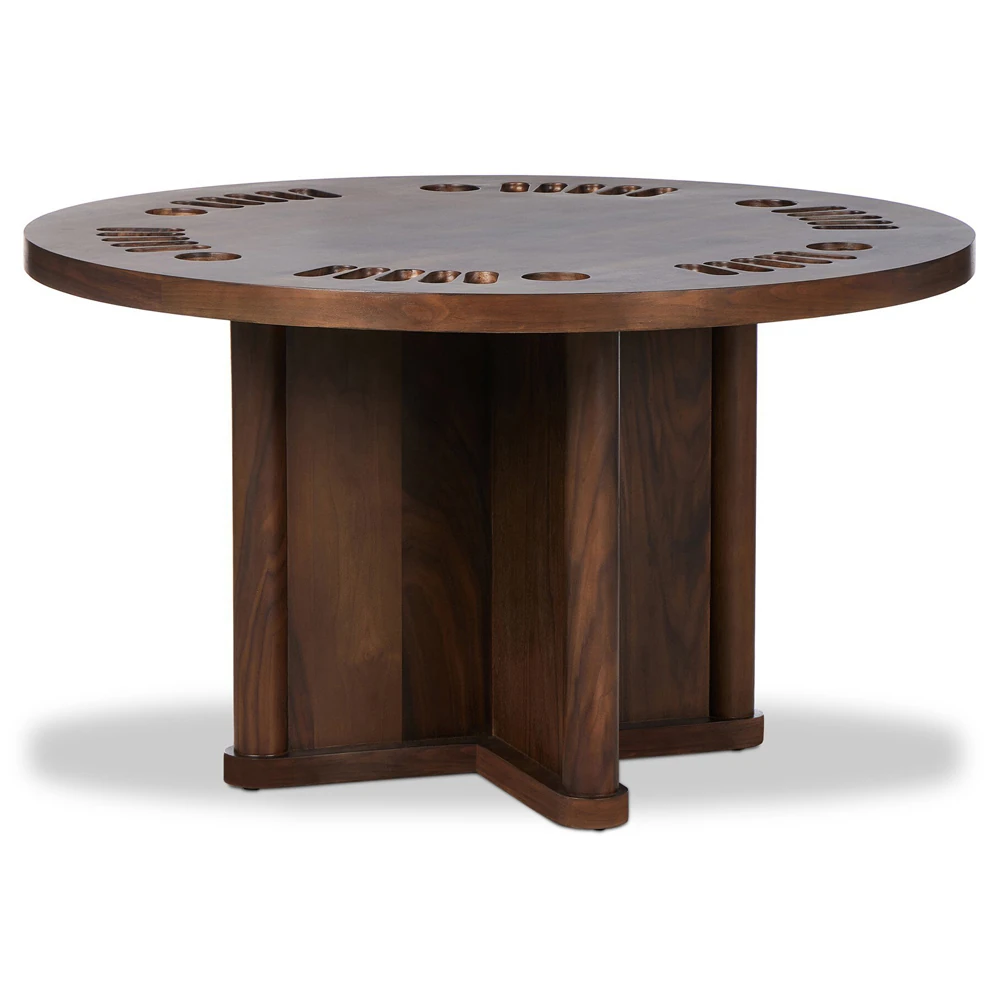 Round wooden poker table showing chip racks around edge, central card area, and legs forming a sturdy base.