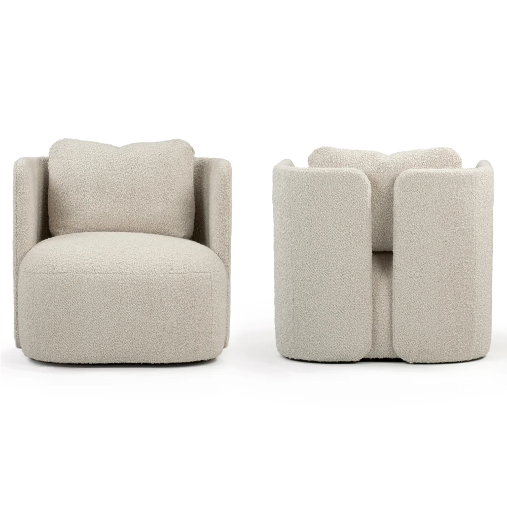 A beige, upholstered chair with a rounded back and arms from multiple angles.