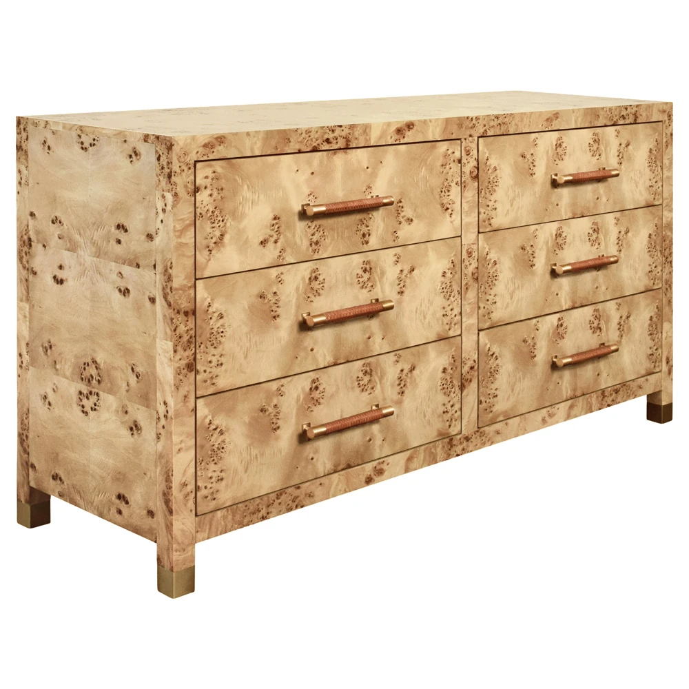 a wooden dresser with six drawers from an angle