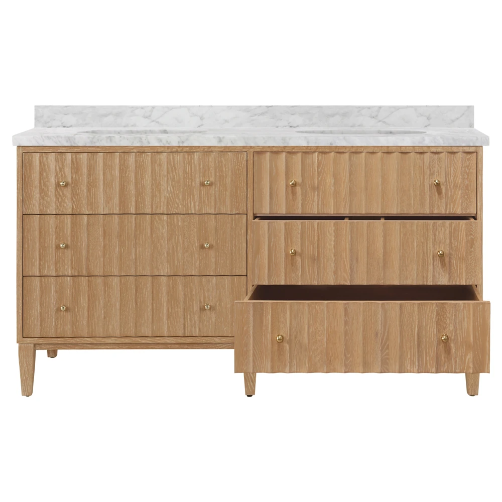 A wooden vanity with a marble countertop and drawers, one drawer open