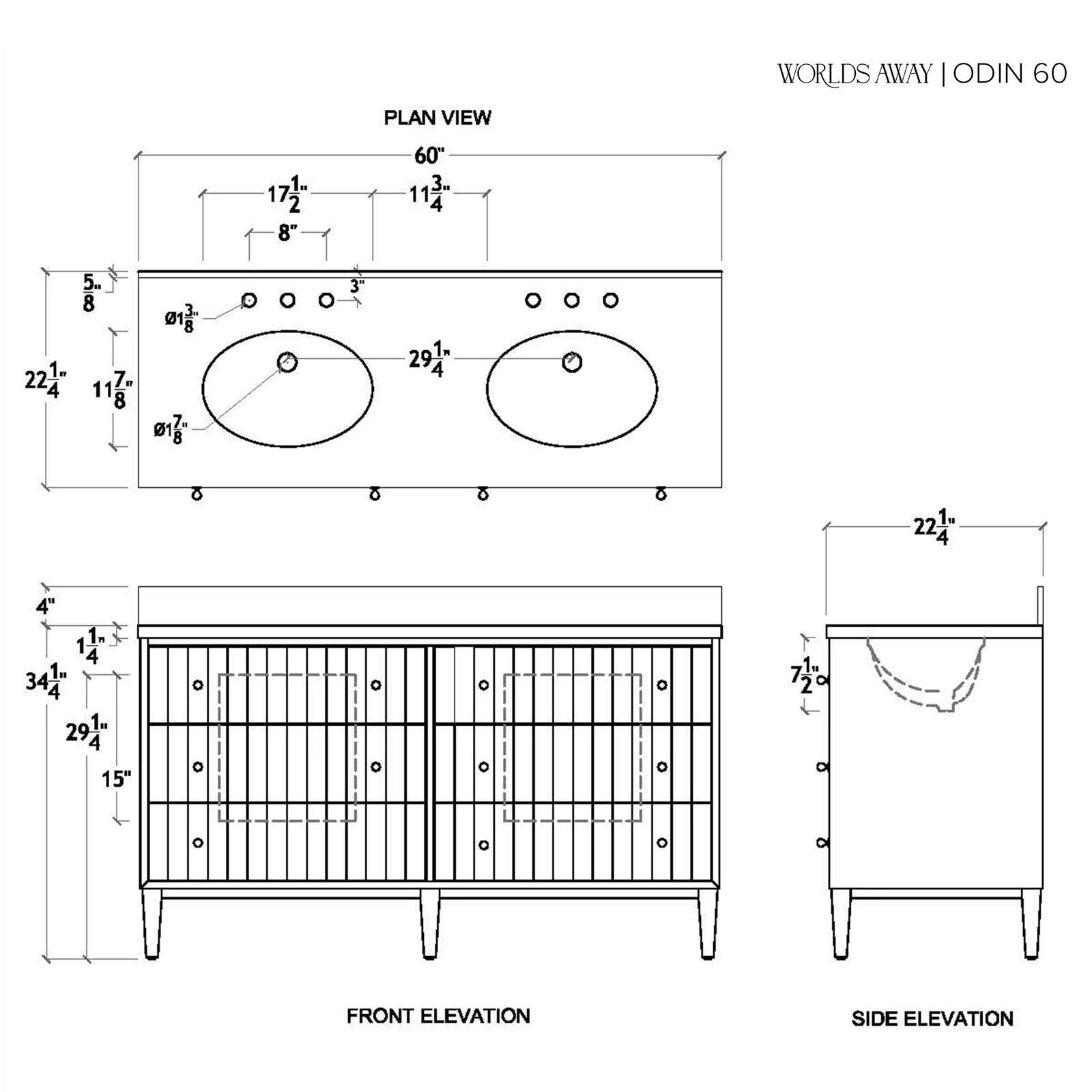 A technical drawing of a wooden vanity with dimensions