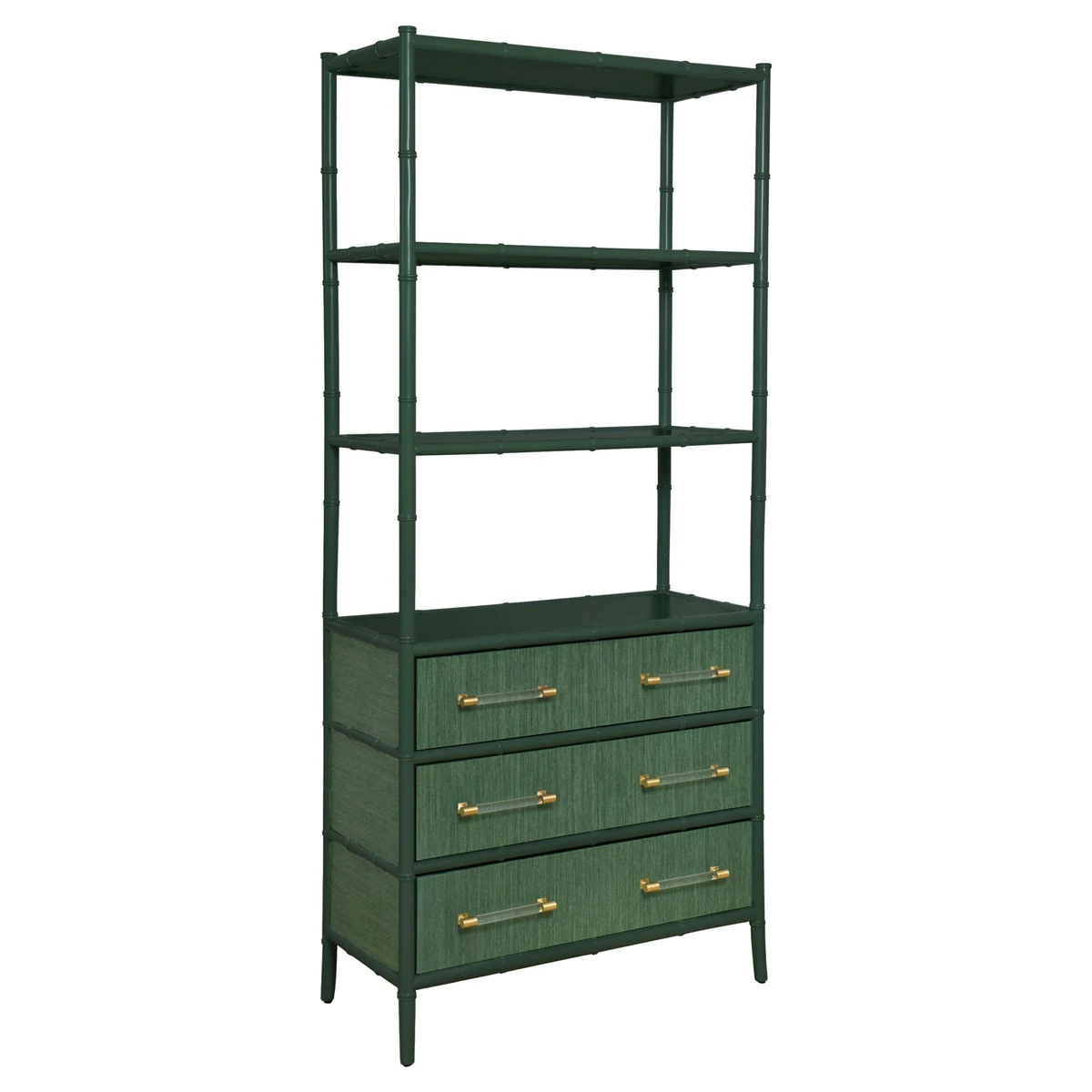 Close-up of green textured drawer fronts with gold handles on a bamboo-style cabinet