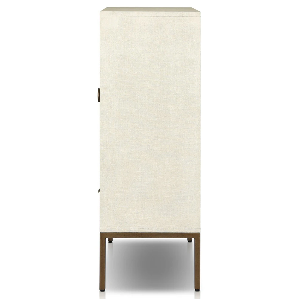 Two wide drawers beneath the cabinet doors with bronze handles, part of a light beige storage unit.