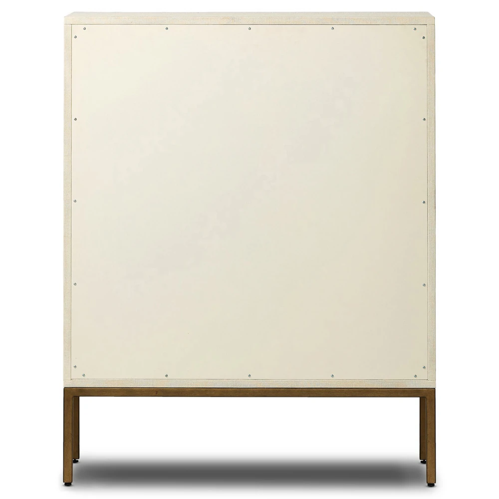 Close view of textured fabric-like beige finish on the cabinet surface