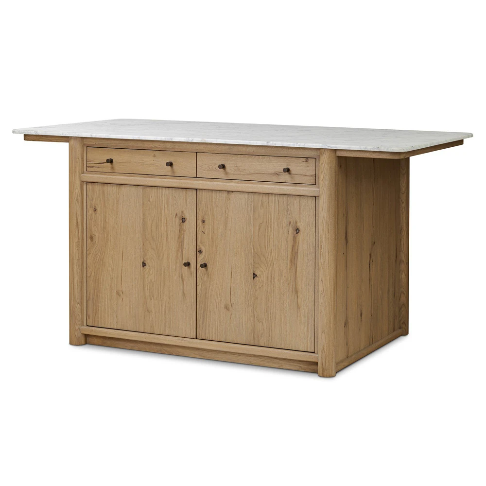 Close-up of marble countertop edge and natural wood grain of island with subtle knots and rounded corner.
