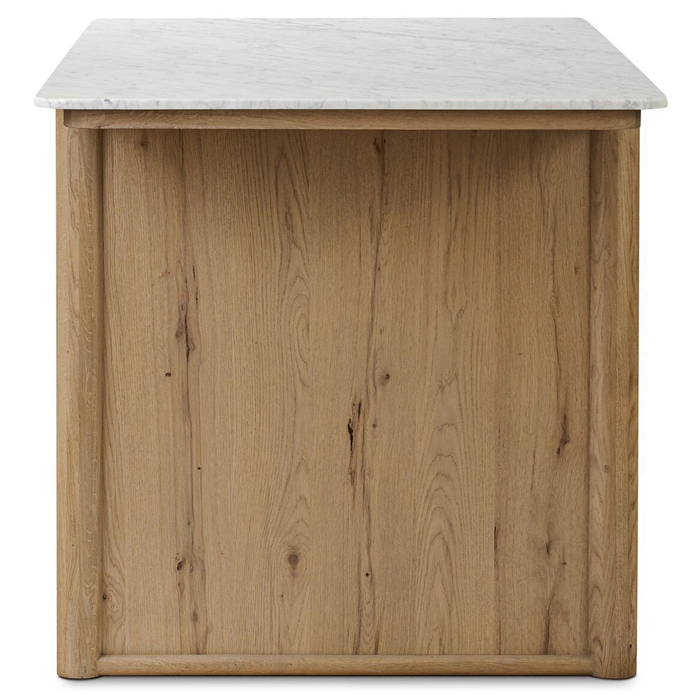 Open cabinet doors reveal internal shelving; light wood grain continues, full-height storage beneath countertop.