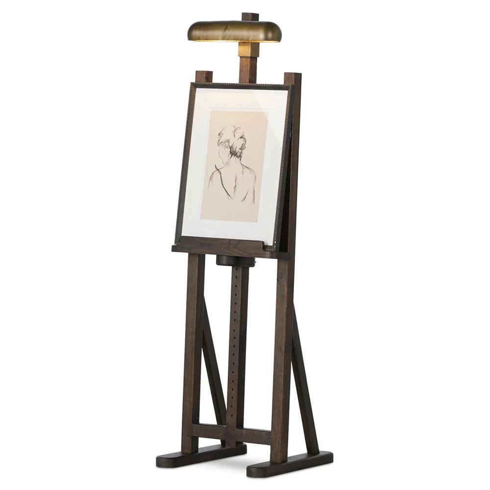 Base of the easel with sturdy feet and crossbars for stability, wired switch visible in one image.