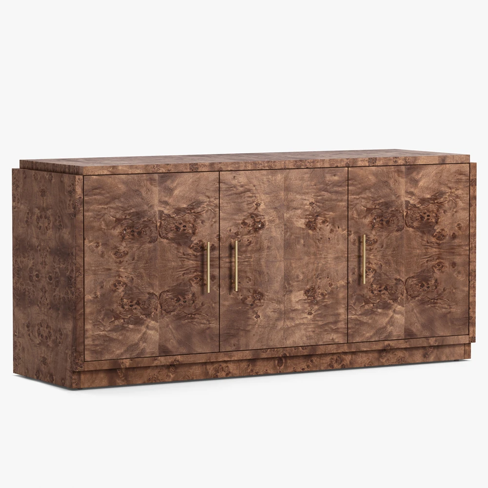 Close-up of the burl wood cabinet doors showing highly figured grain with gold-tone vertical bar handles.