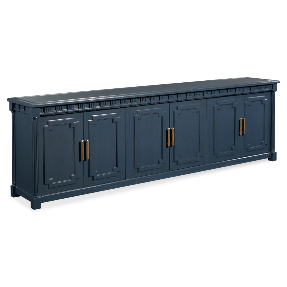 An angled view of a dark blue cabinet with six doors and gold handles.