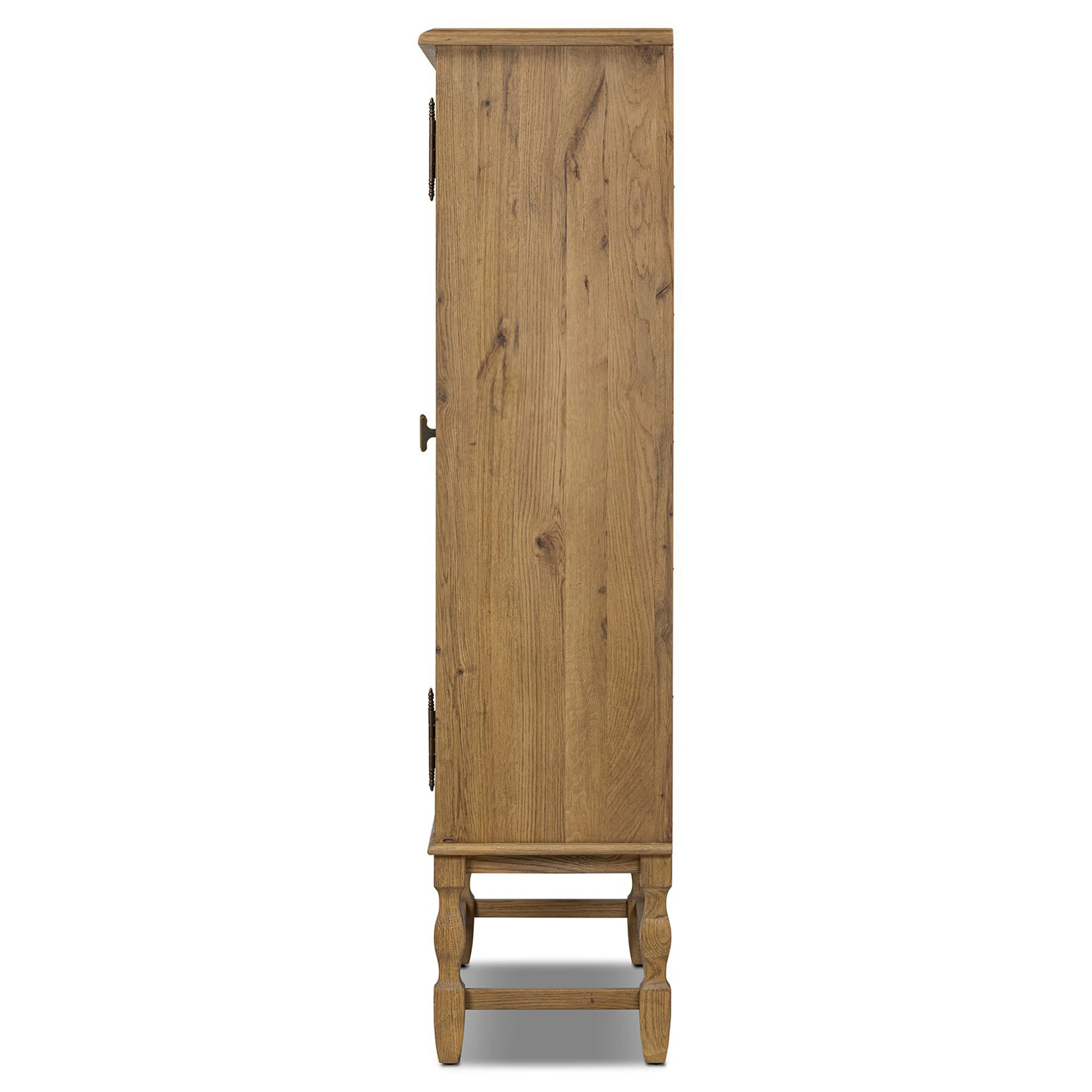 Open cabinet with shelves and fabric curtains on both doors, revealing interior storage shelves.