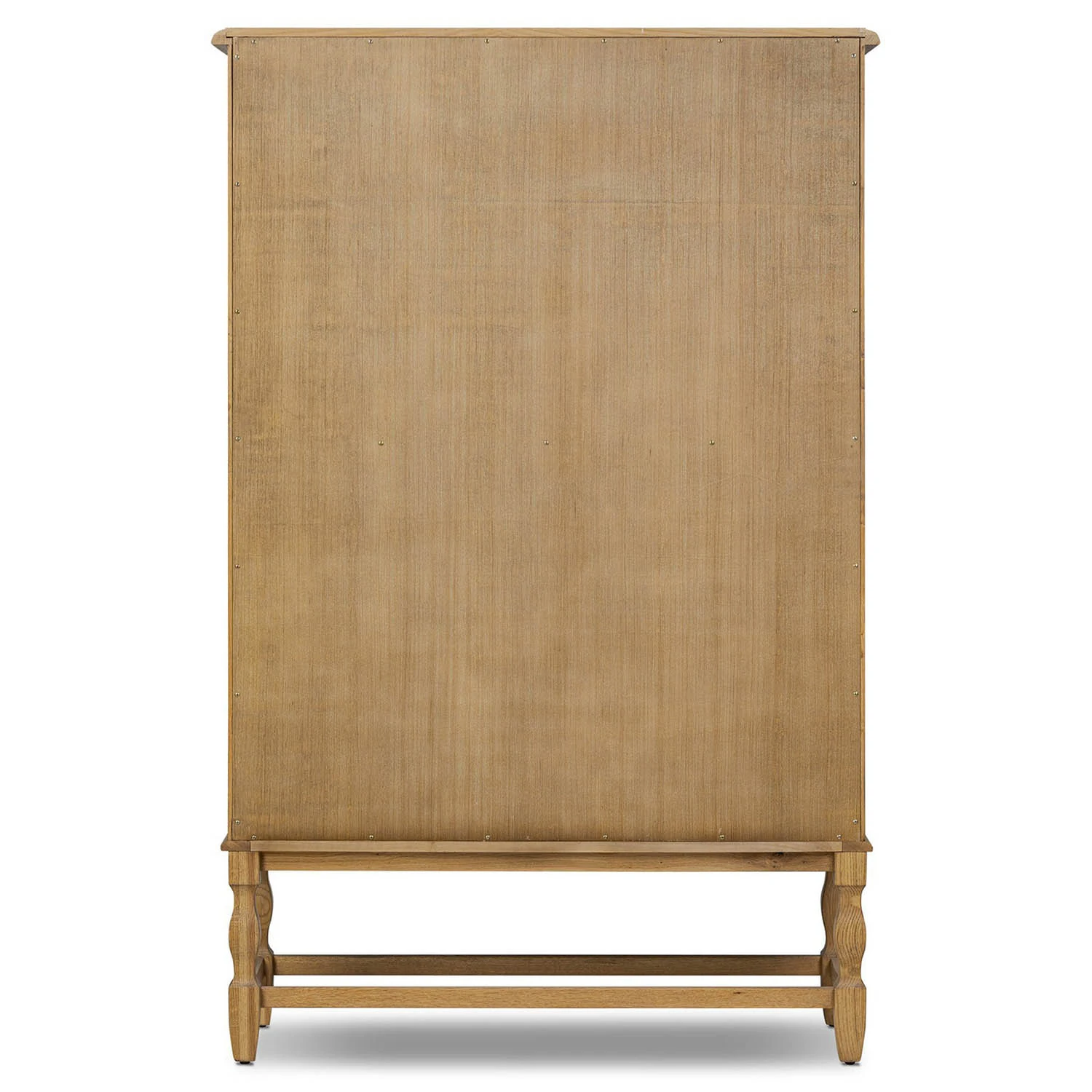 Close-up of the vertical wood grain on the cabinet door showing knot patterns and natural finish.