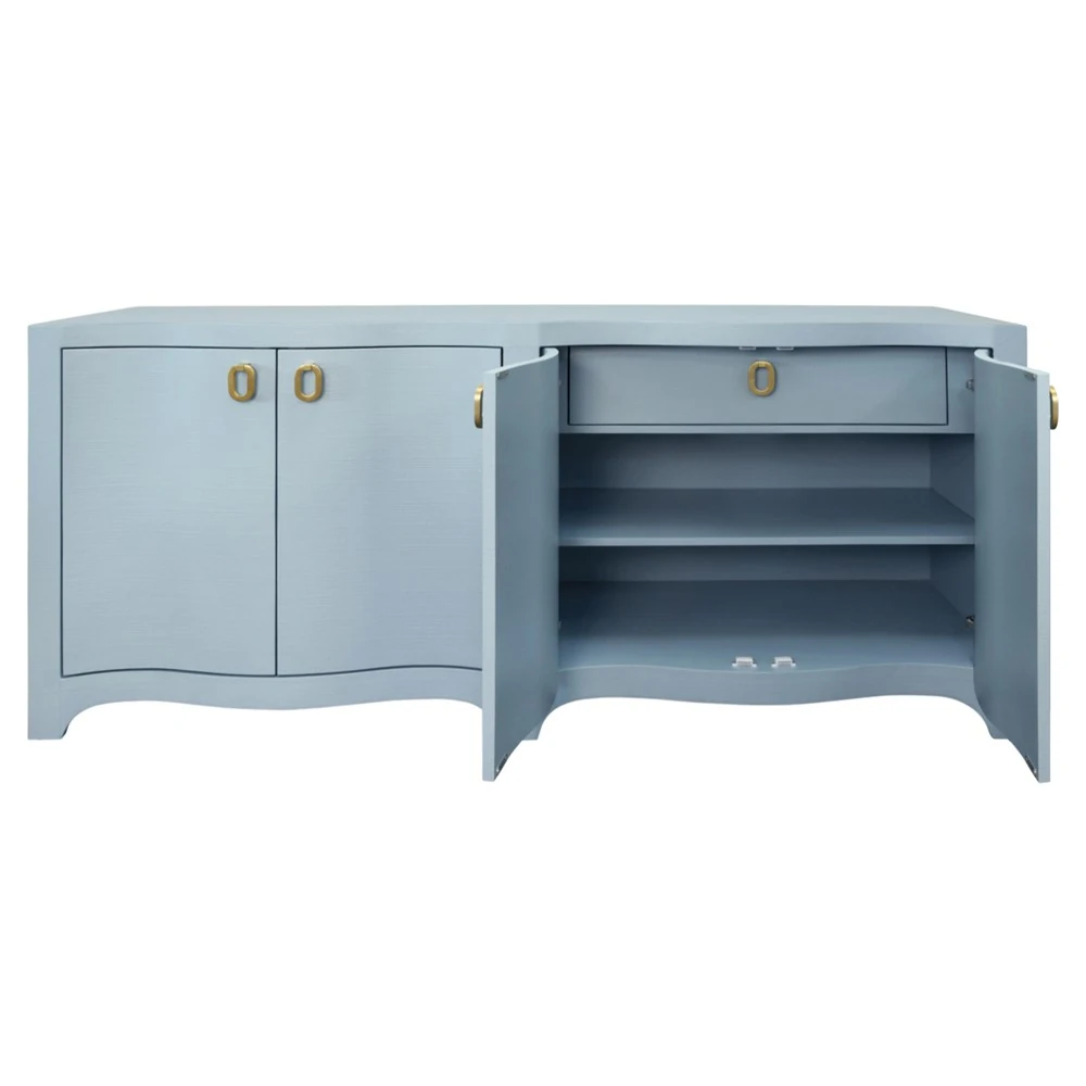 A light blue sideboard with four doors and gold handles, with two doors open to show shelves inside.