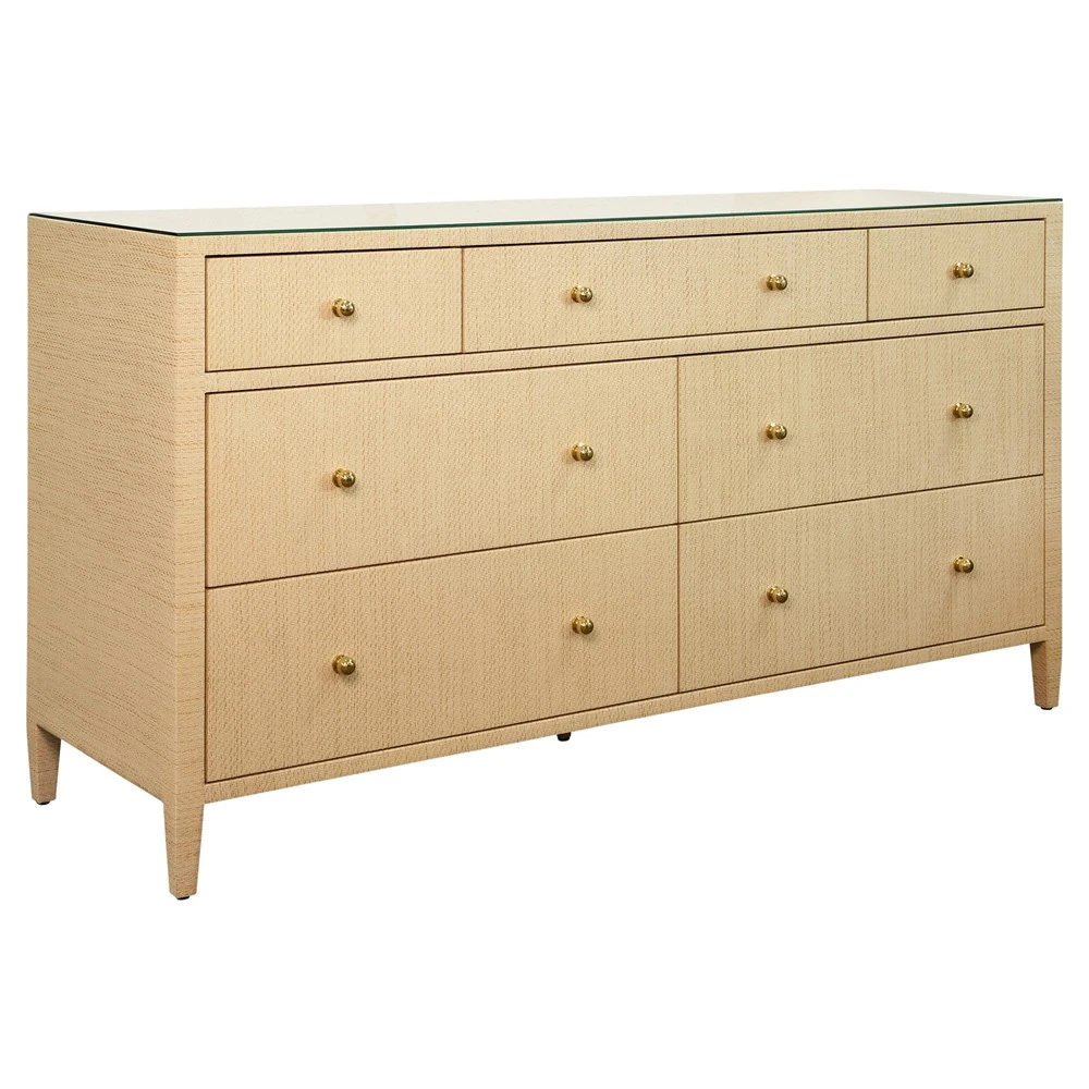 Close-up of dresser front showing several drawers with gold knobs and smooth wood grain.