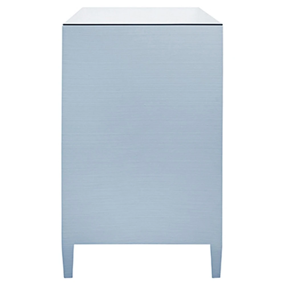 Blue dresser with open top drawers and visible light wood interior; contemporary design with symmetrical hardware.