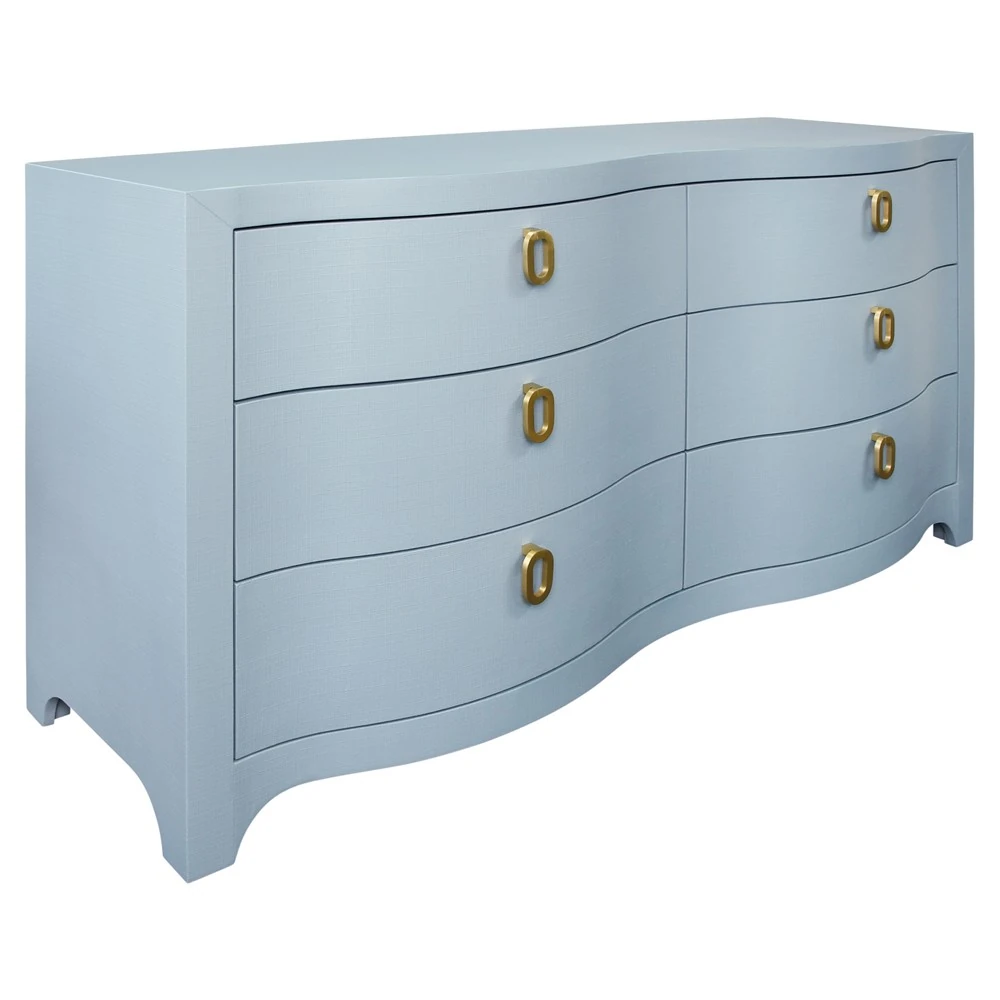 A light blue dresser with six drawers and gold handles, shown from an angle.