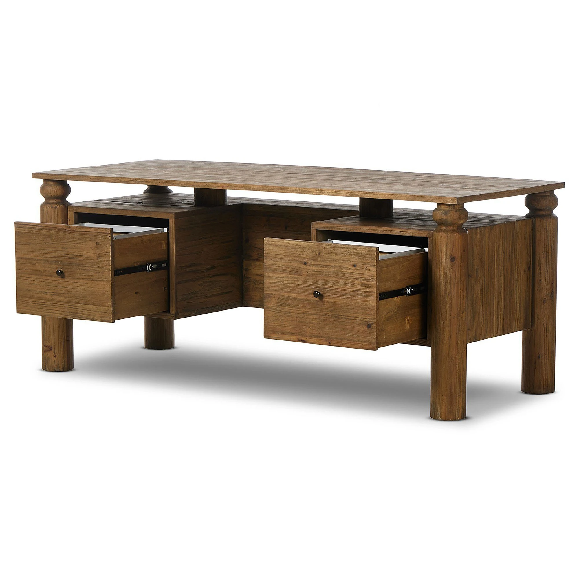 Detailed view of top wood surface with pronounced grain and texture, highlighting rustic tabletop.