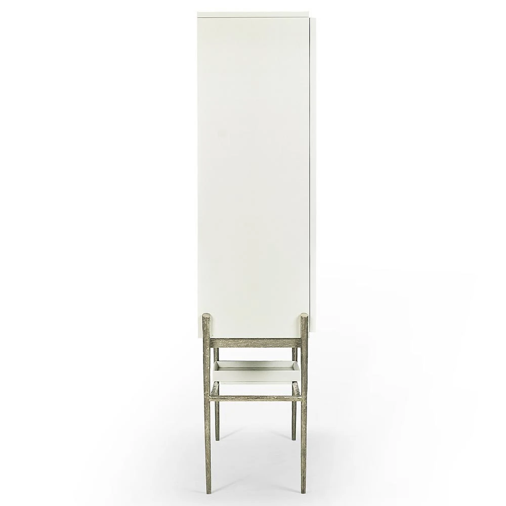 Storage cabinet with textured doors showing interior compartments and drawers.