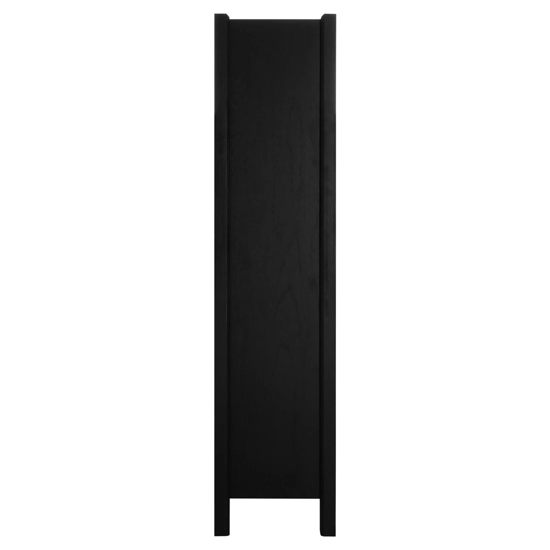 Open front view of black cabinet revealing multiple wooden shelves and interior dividers.