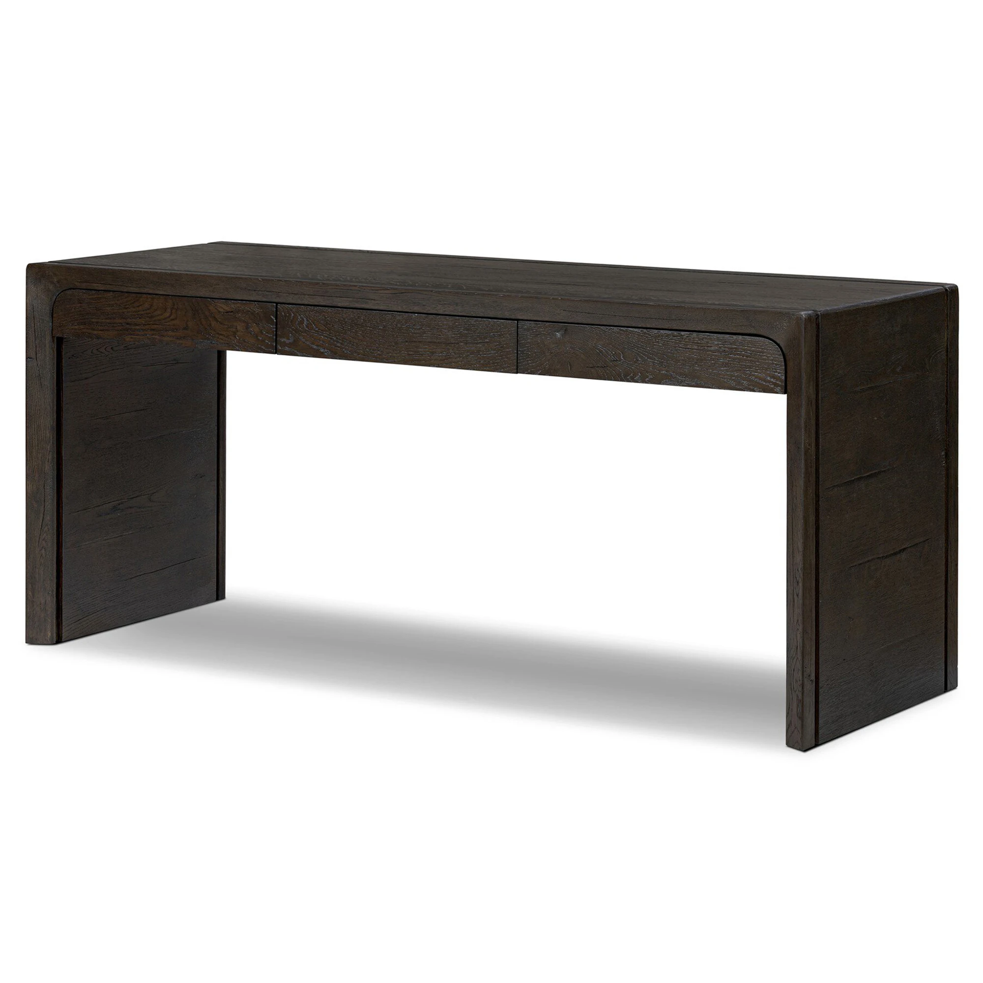 Close-up of the dark wood finish showing grain and curved drawer fronts.
