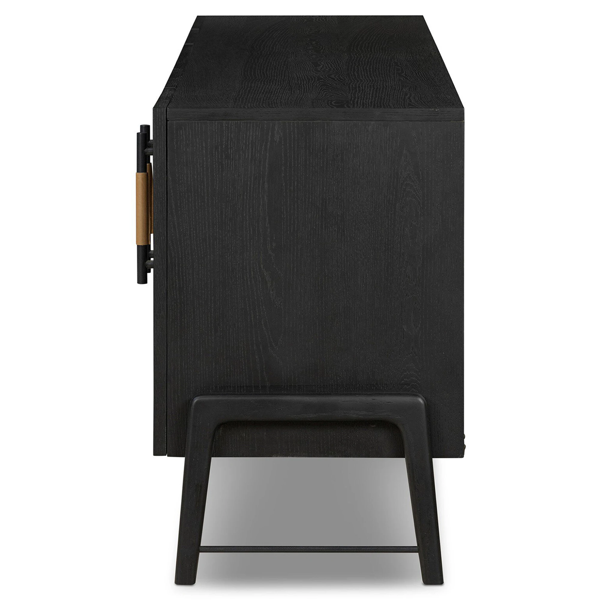Sideboard with drawers and cabinets opened, showcasing interior storage space and shelves.