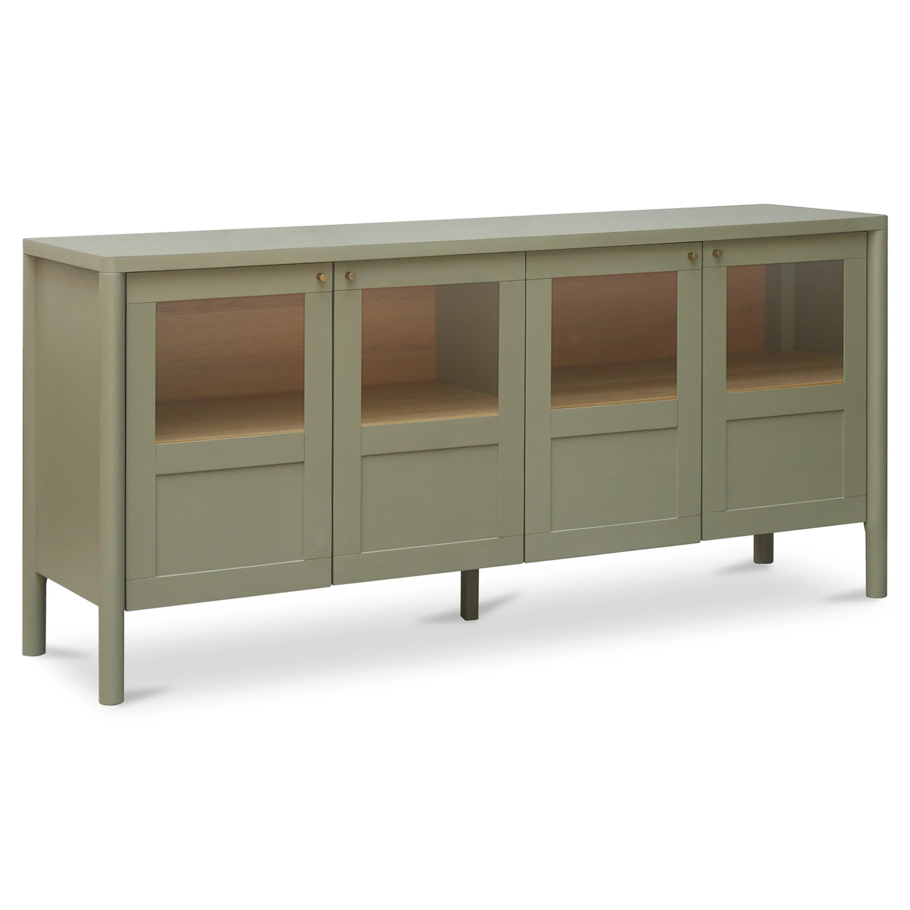 Close-up of the sideboard’s single cabinet with open shelf showing light wood interior and matching olive-green frame.