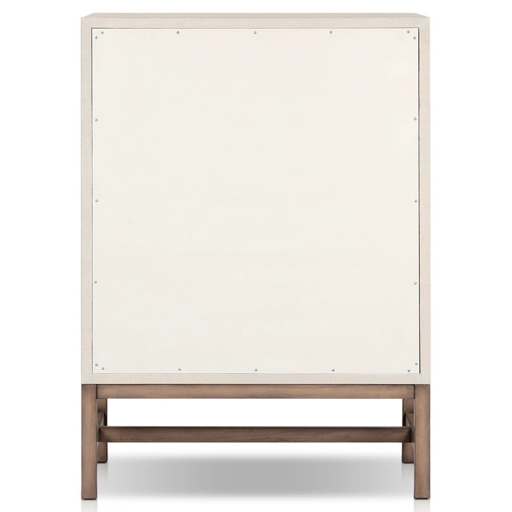 Corner of drawer showing joinery and wooden frame with fabric surface