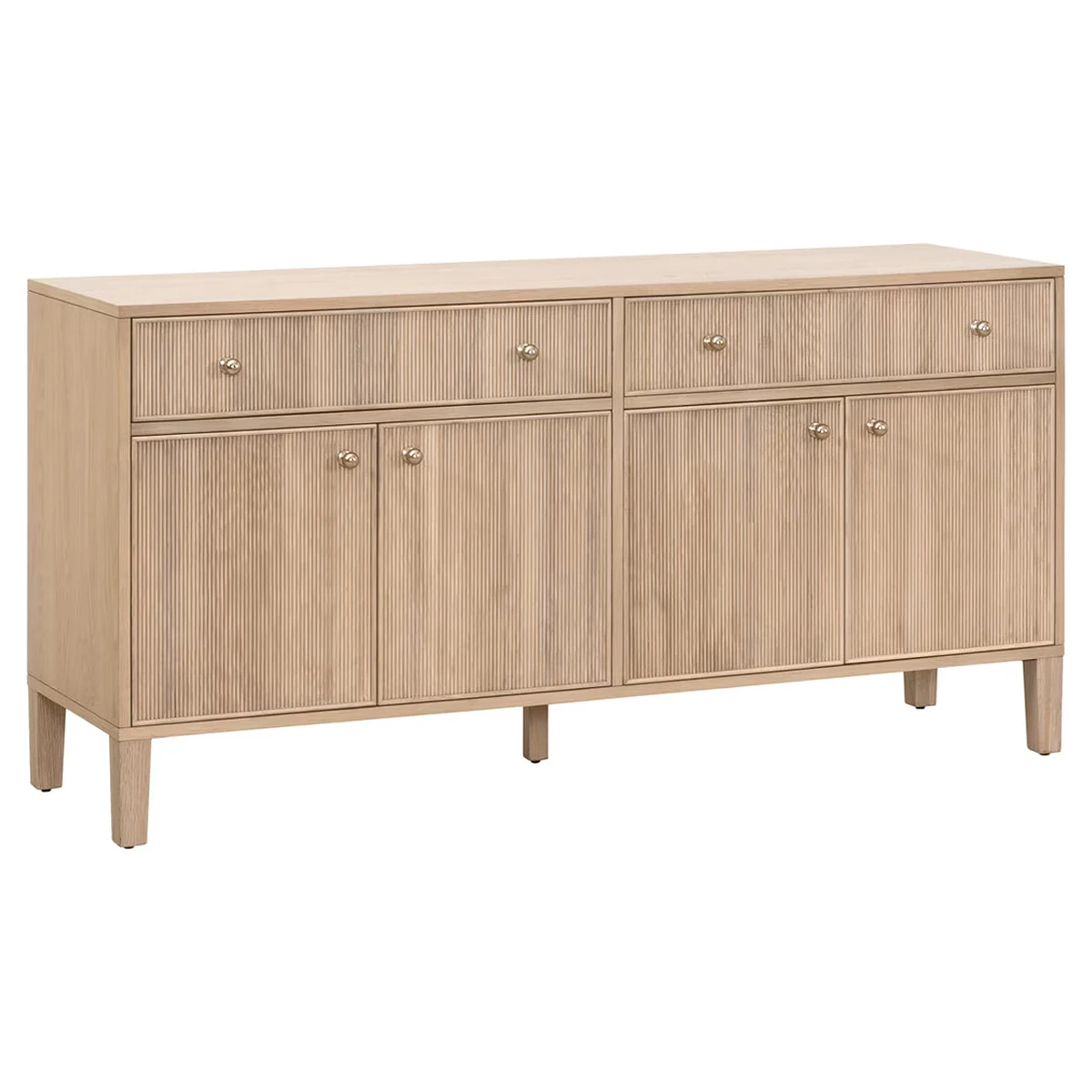 Close-up of one open drawer showing smooth interior and groove detail on matching cabinet doors of the sideboard.