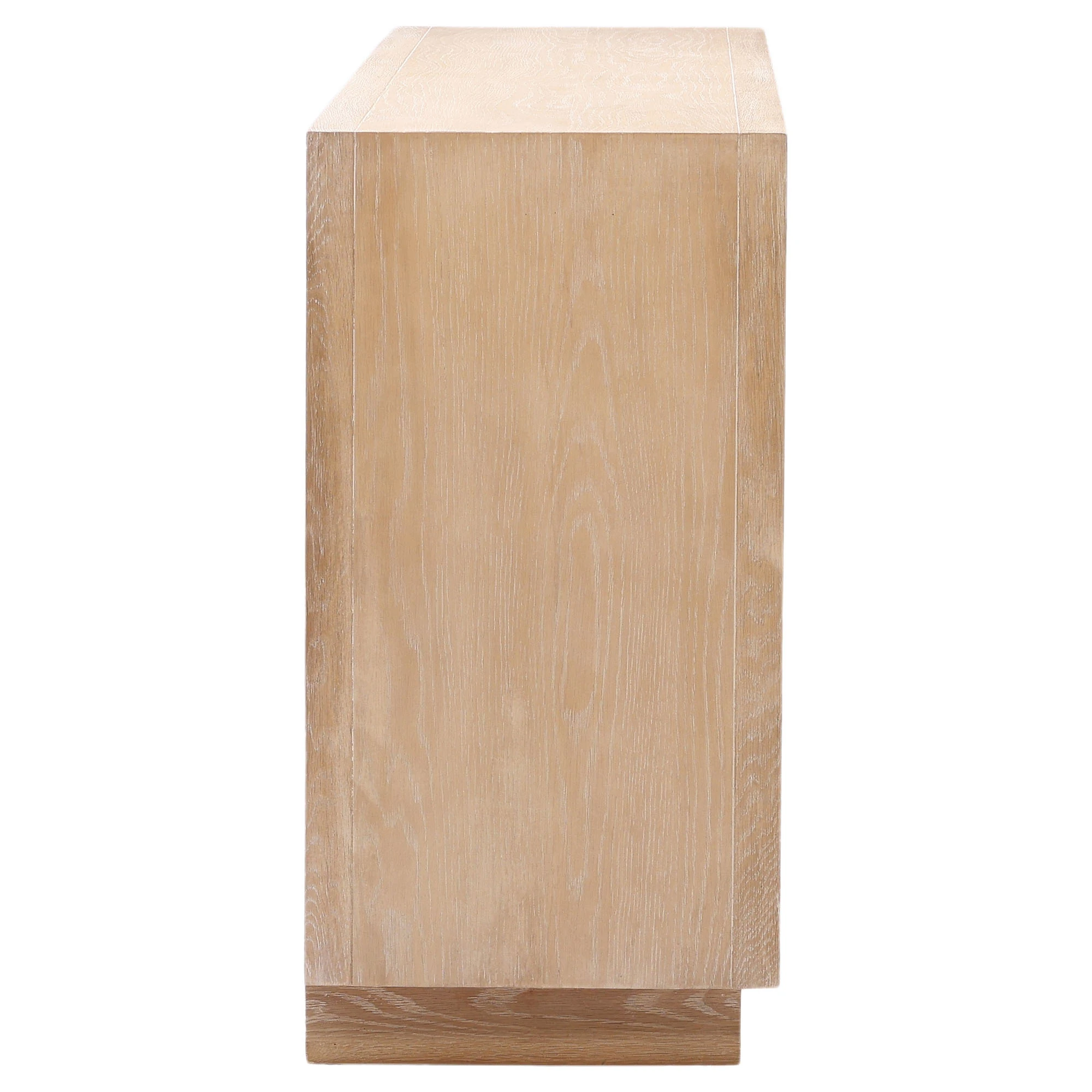 Close-up of wood grain showing light oak finish with whitewashed veining texture.