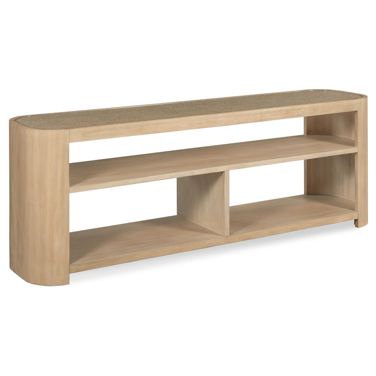 Close-up of the same wooden console table showing shelving and woven texture top