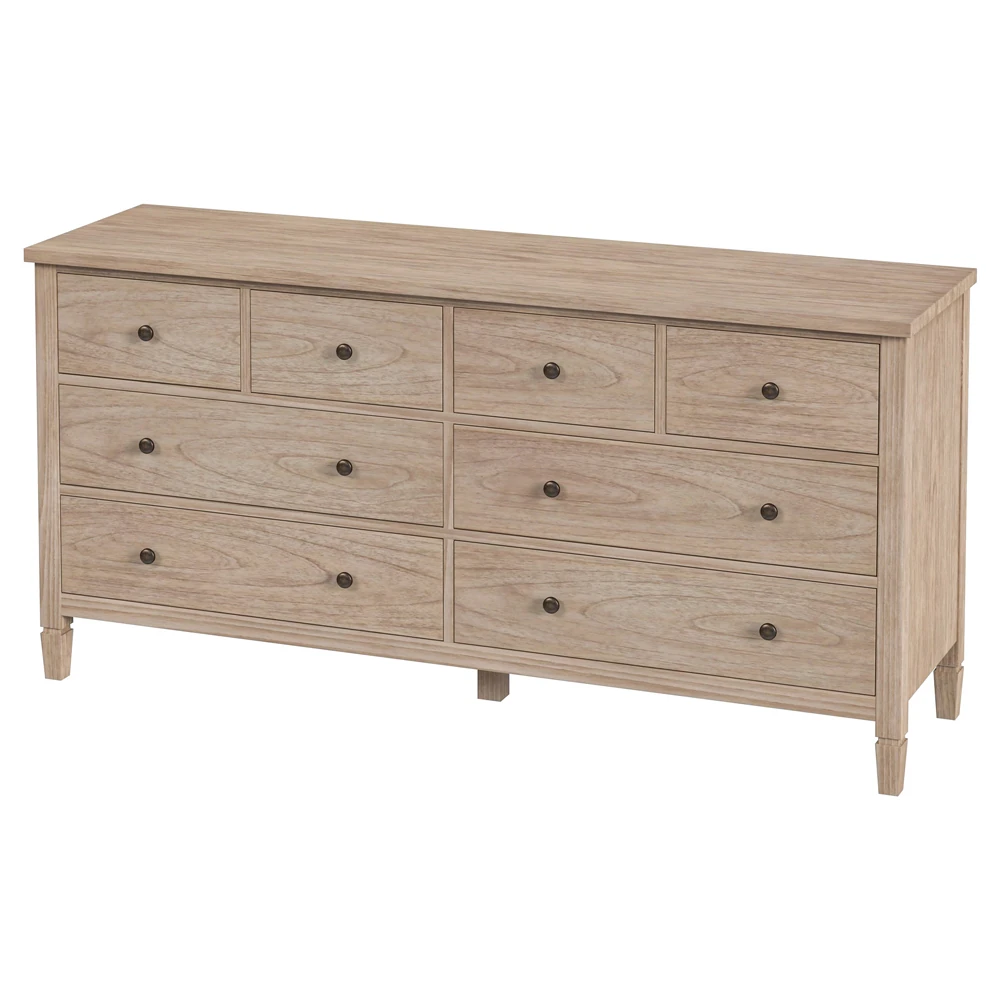 Close-up side view of the same dresser showing the vertical drawer alignment and sturdy construction.