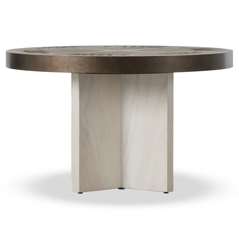 Close-up of the dark tabletop showing cutouts around the edge, including oval slots and circular cutouts, with a brown edge and a light wood base.