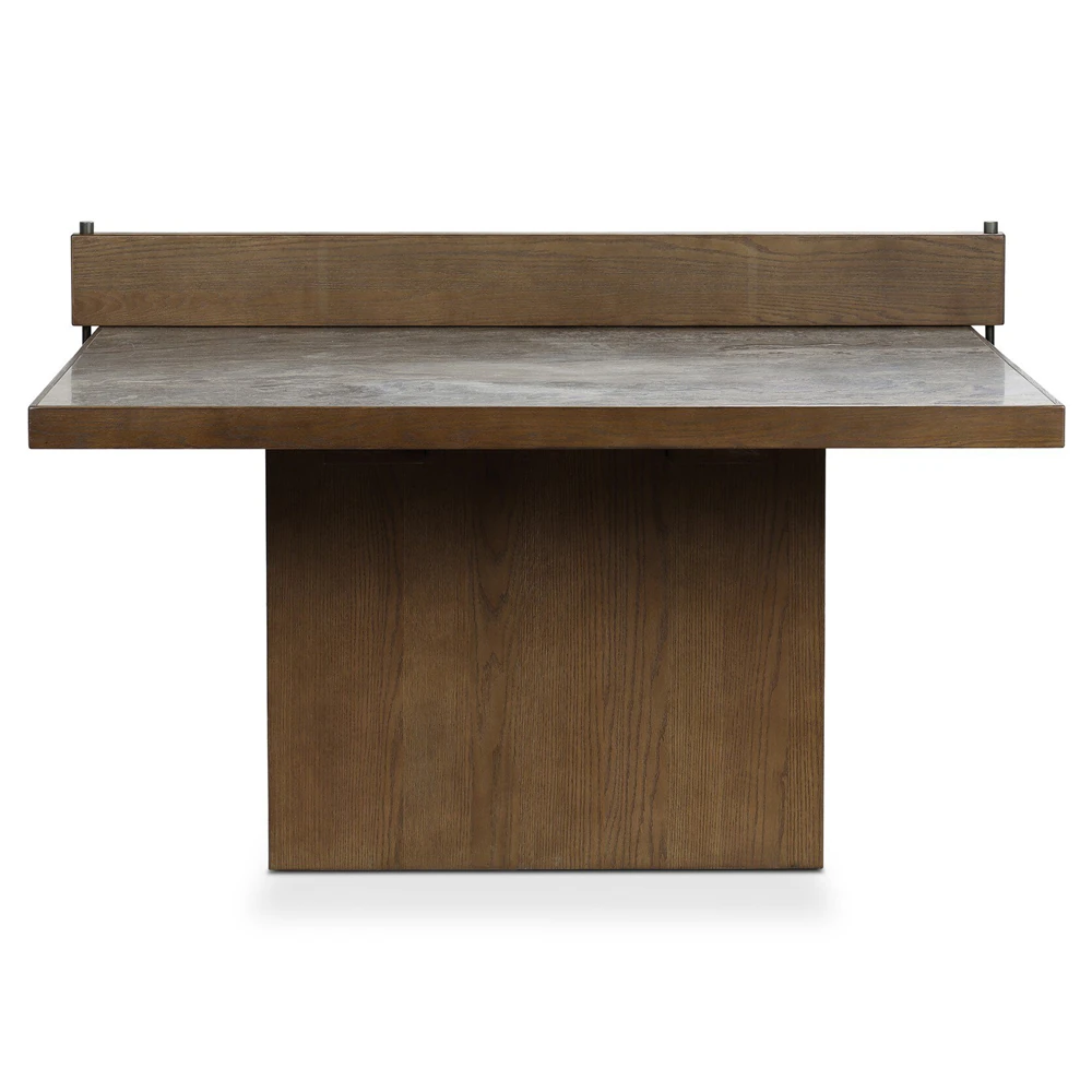 Side angle showing a black metal hook and bench-like support at the end of the table, emphasizing sturdy construction