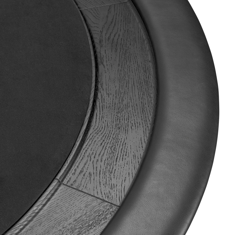 Close-up of the adjustable foot pad and leg end of the table, showing a round metal foot.