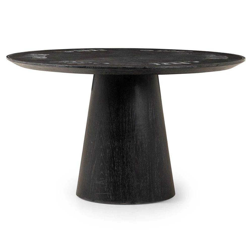Close-up of the round tabletop showing card slots and dark wood texture, with a sunken surface and rounded edges.