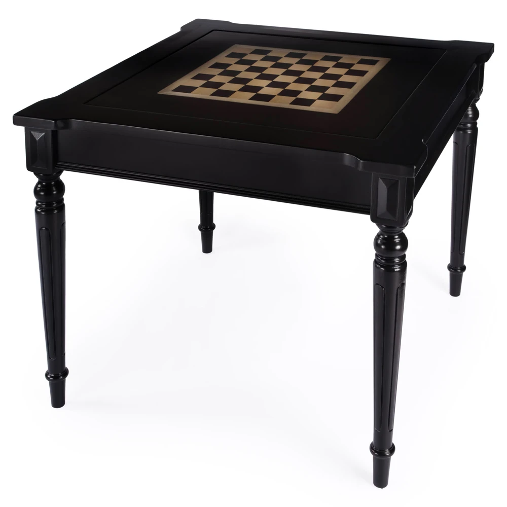 Wooden chessboard table with a natural wood finish, matching chessboard pattern, dimensions 36x36 inches and 30 inches tall.