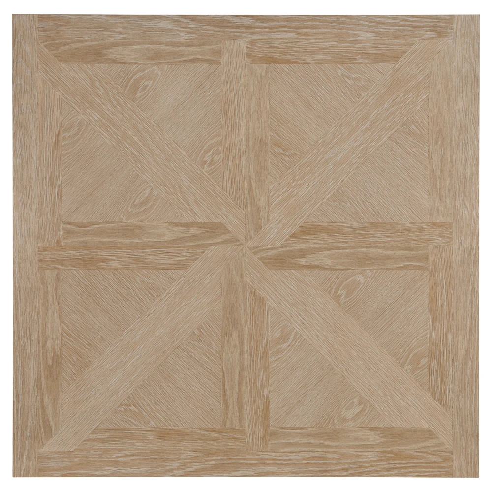 A close-up of the table's surface, showing a geometric pattern made of light-colored wood pieces.