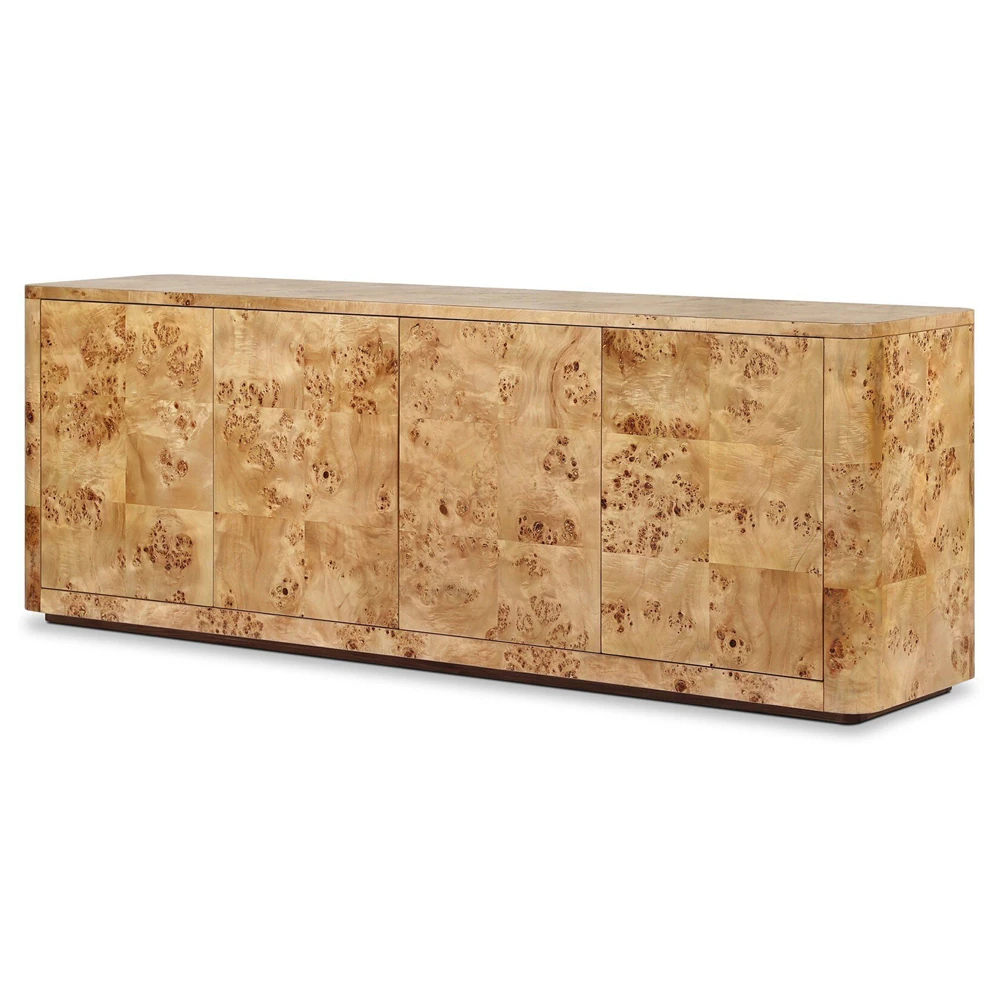 Wide sideboard with burled veneer doors opened to reveal interior shelves, showcasing storage compartments.