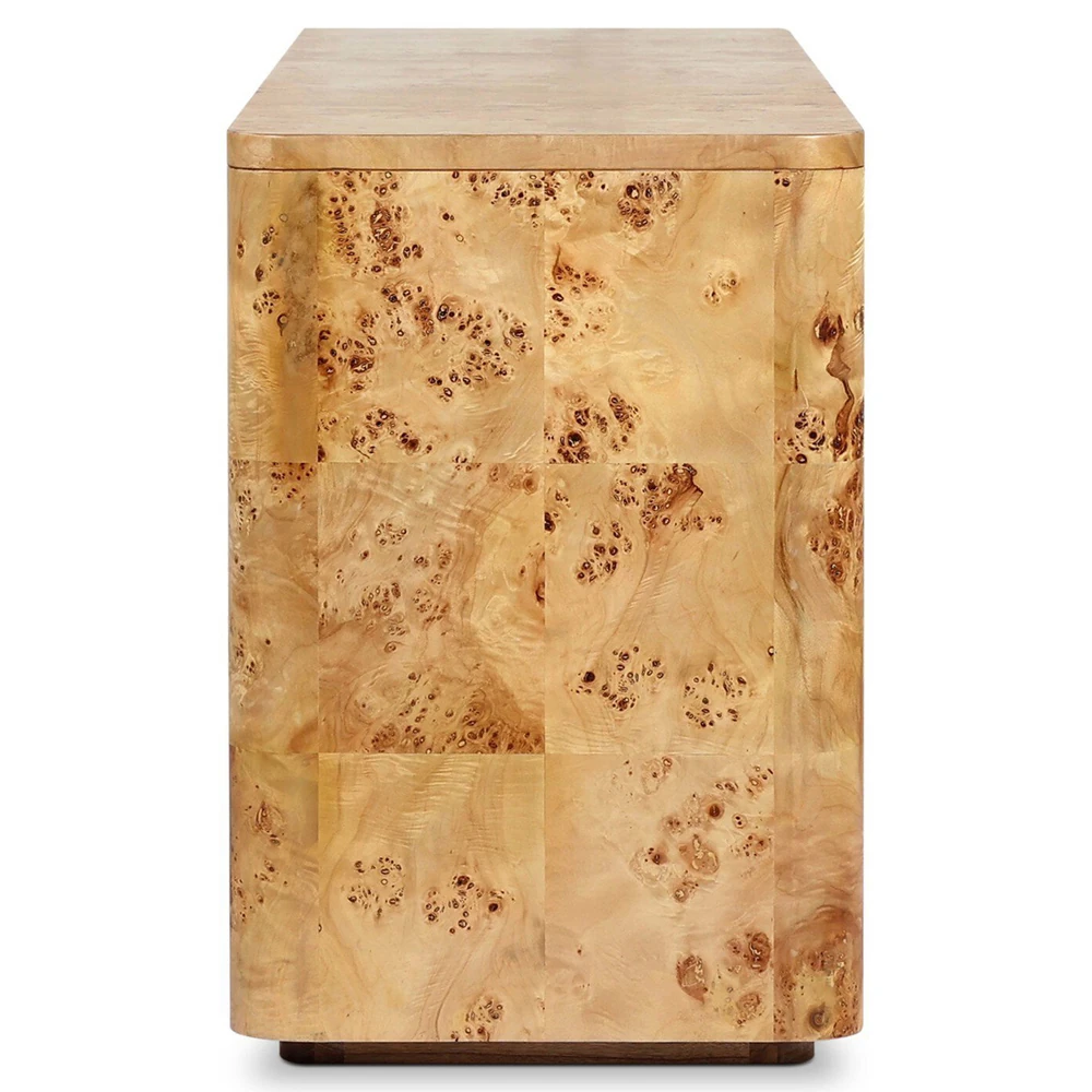 Close-up of burled wood tabletop and edge detailing on the sideboard, highlighting the wood pattern.