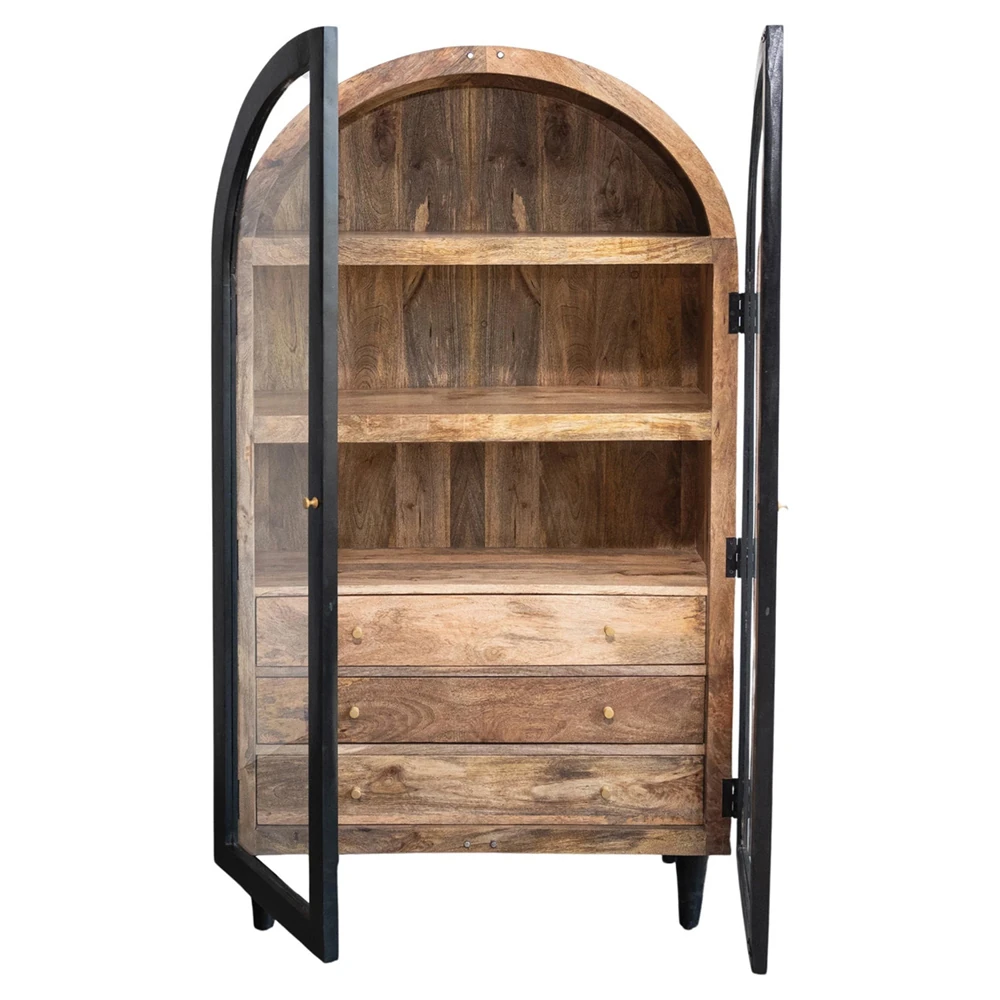 A black cabinet with glass doors and wooden shelves, with the doors open