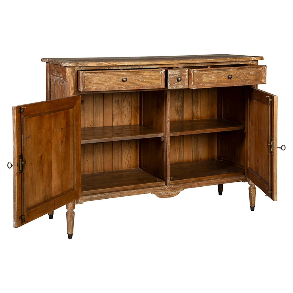 A wooden sideboard with two drawers and two open doors