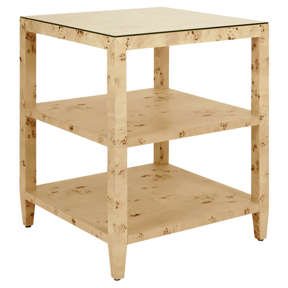 Light wood coffee table with lower shelf and glass top