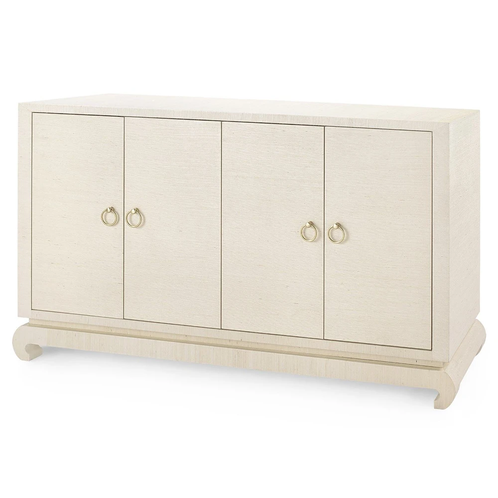 Close-up of the cabinet corner showing textured veneer and rounded base with cutout detailing.