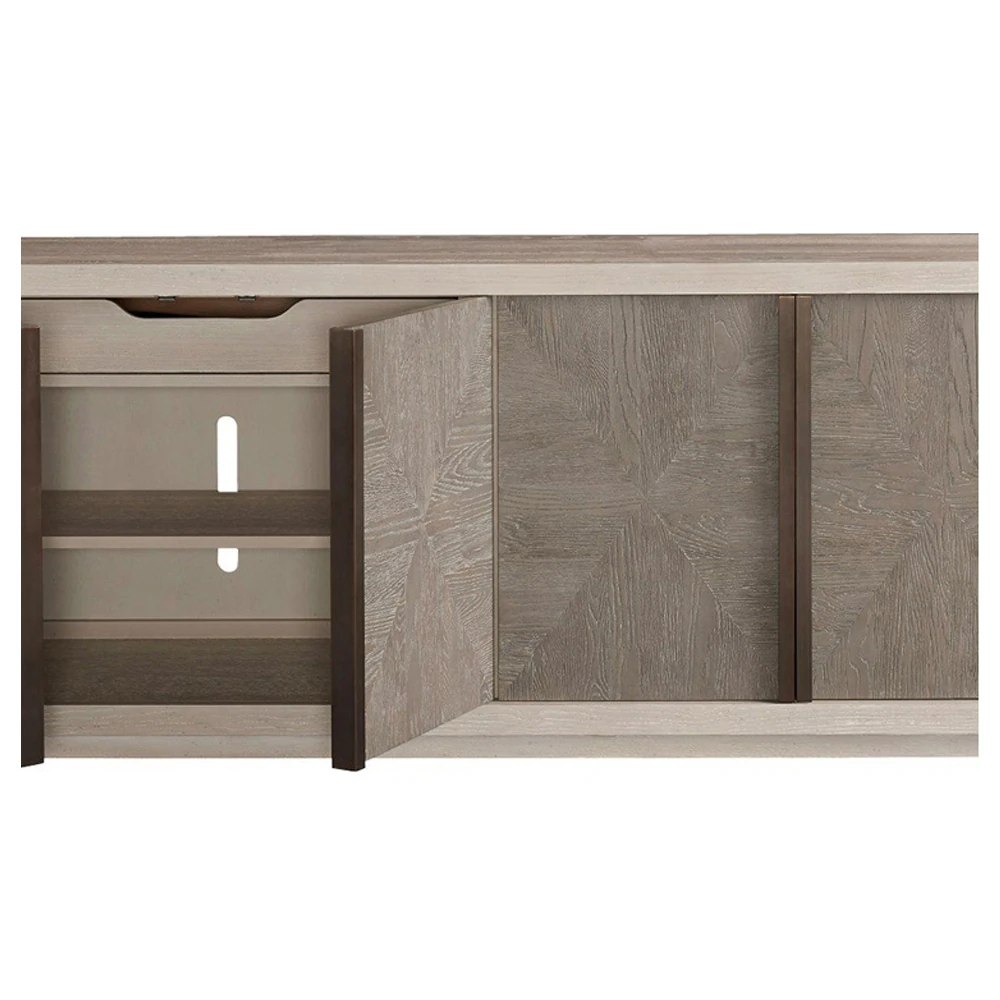 Close-up of the cabinet door showing the gray wood grain texture and brown vertical trim detail.