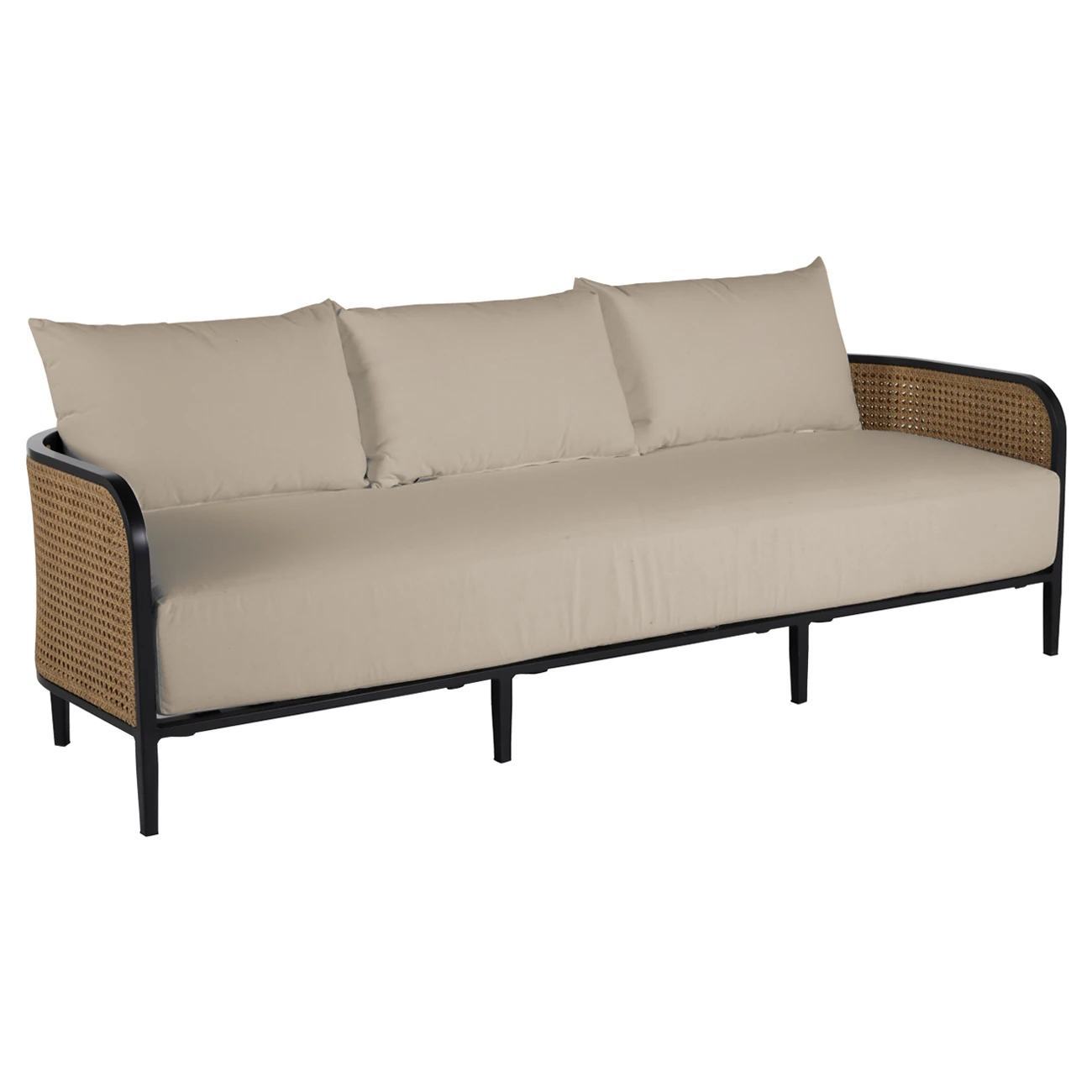 Long beige outdoor sofa with three back cushions and woven rattan panels on sides and back, black frame.
