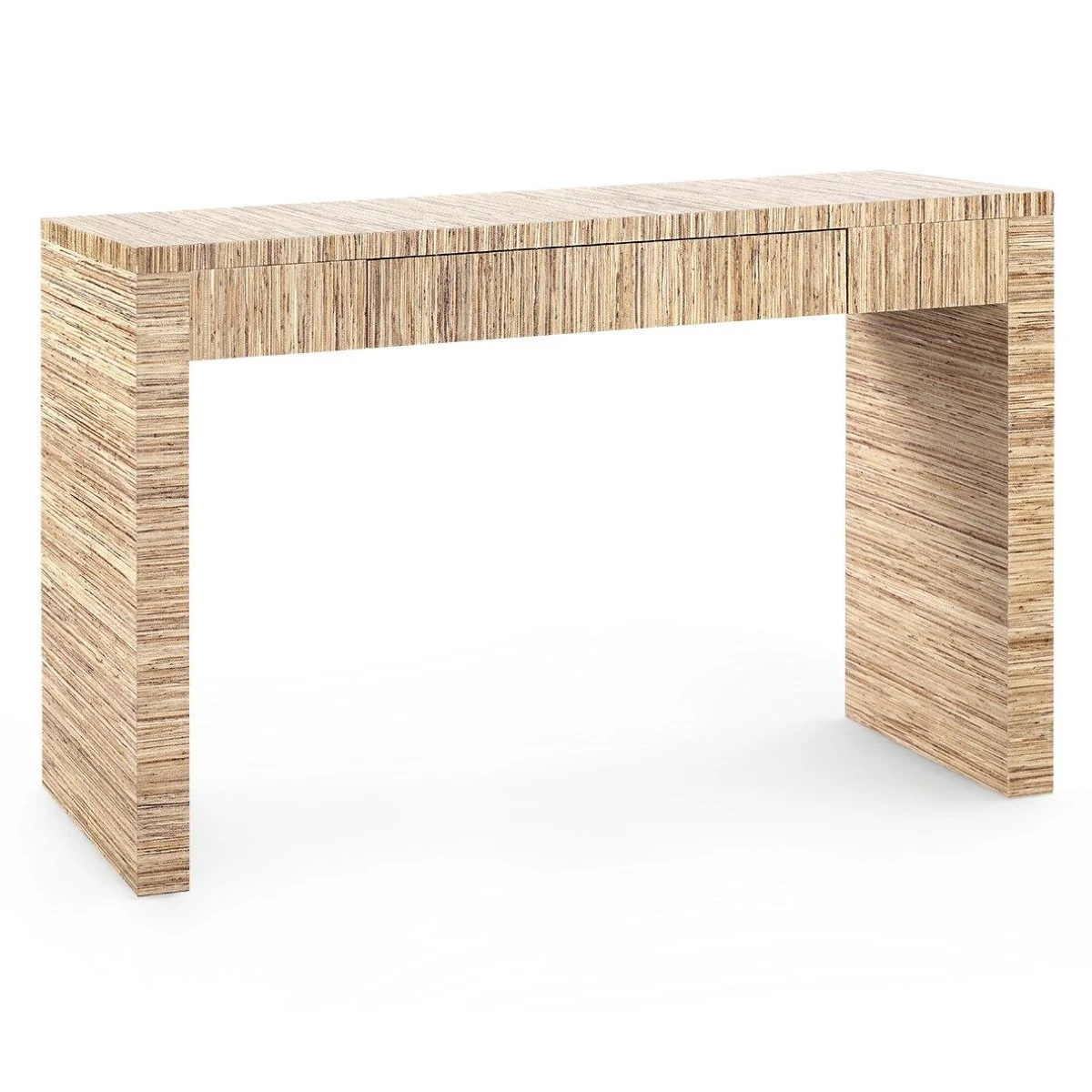 Close-up of corner of the striped wood console showing layered veneer grain