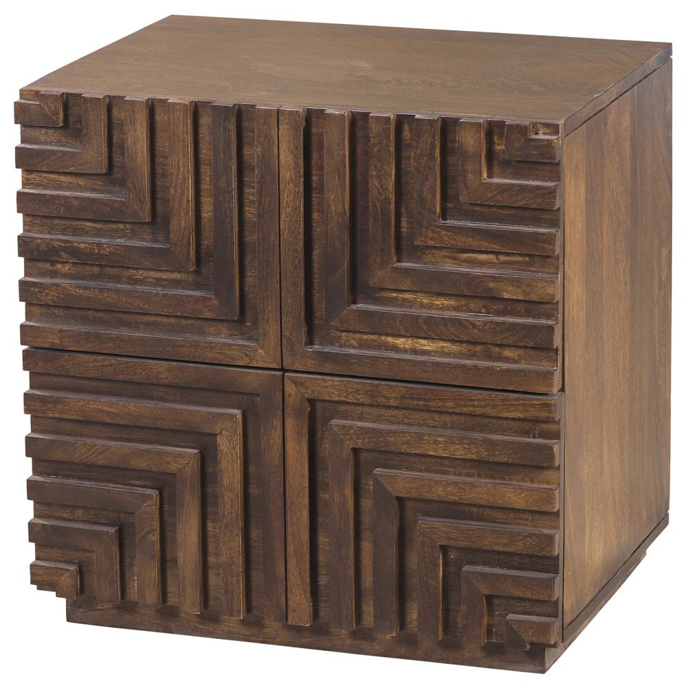 Close-up of stacked geometric paneling on the same dark wood cabinet showing intricate carved square pattern.
