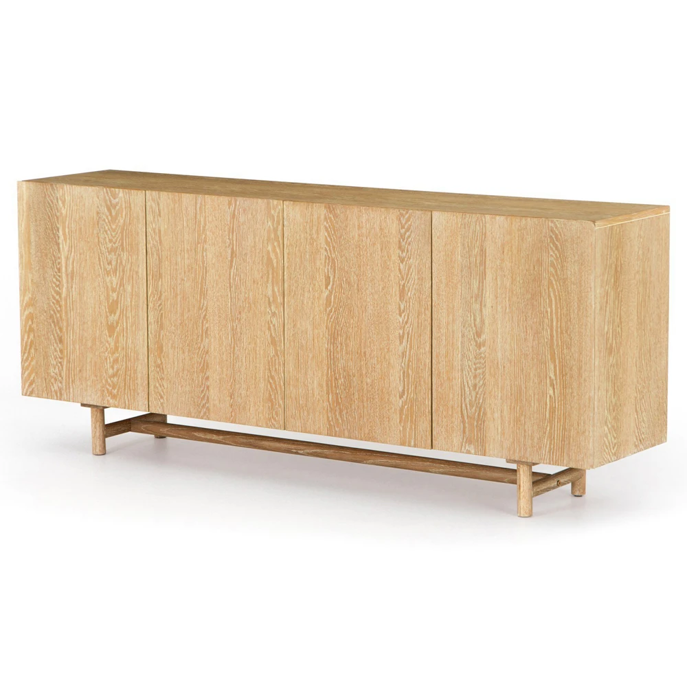 A sideboard with hidden storage space and matching wood finish, showing close-up details.