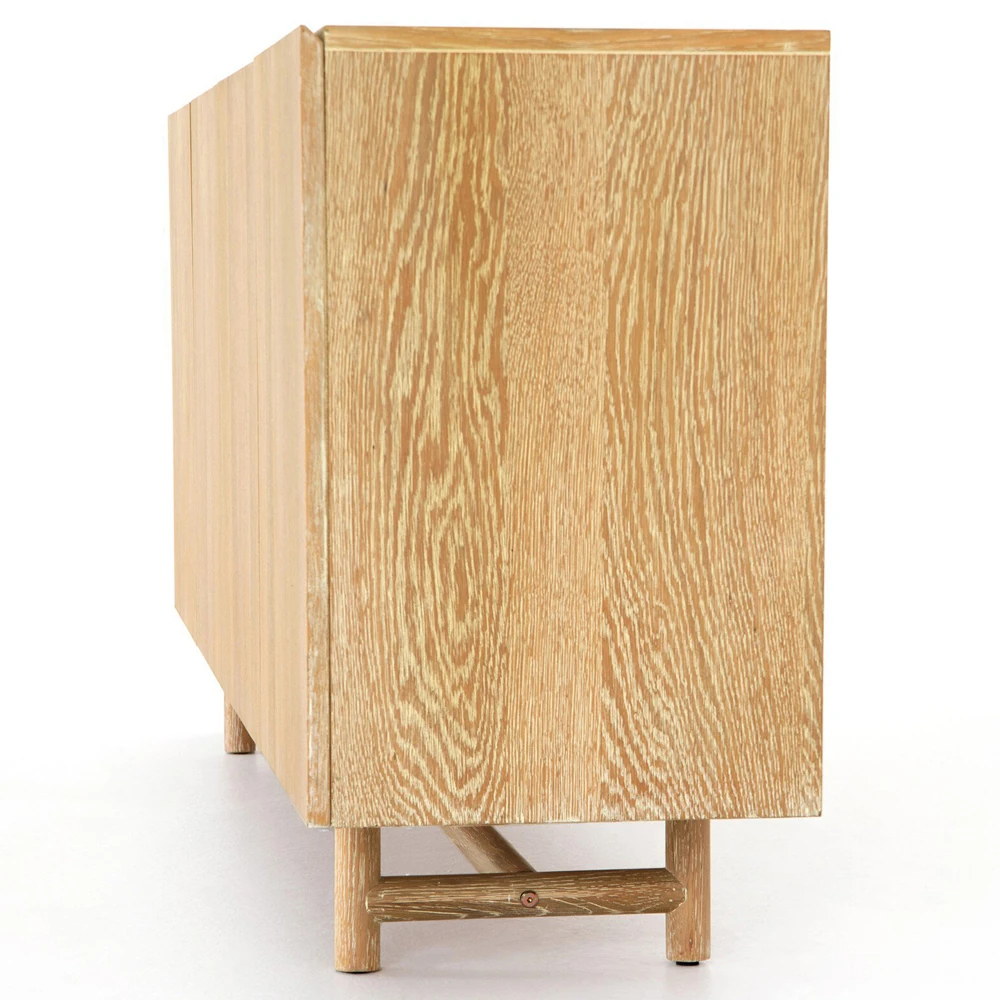 Close-up of oak wood grain texture on cabinet surface.
